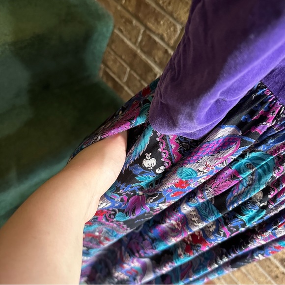 VTG 80s Retro Purple Velour Velvet Puff Sleeve Floral Paisley Cottagecore Dress - Picture 6 of 10
